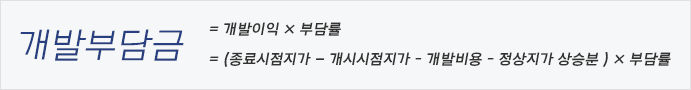 개발부담금 = 개발이익 X 부담률 = (종료시점지가 - 개시시점지가 - 개발비용 - 정상지가 상승분) X 부담률